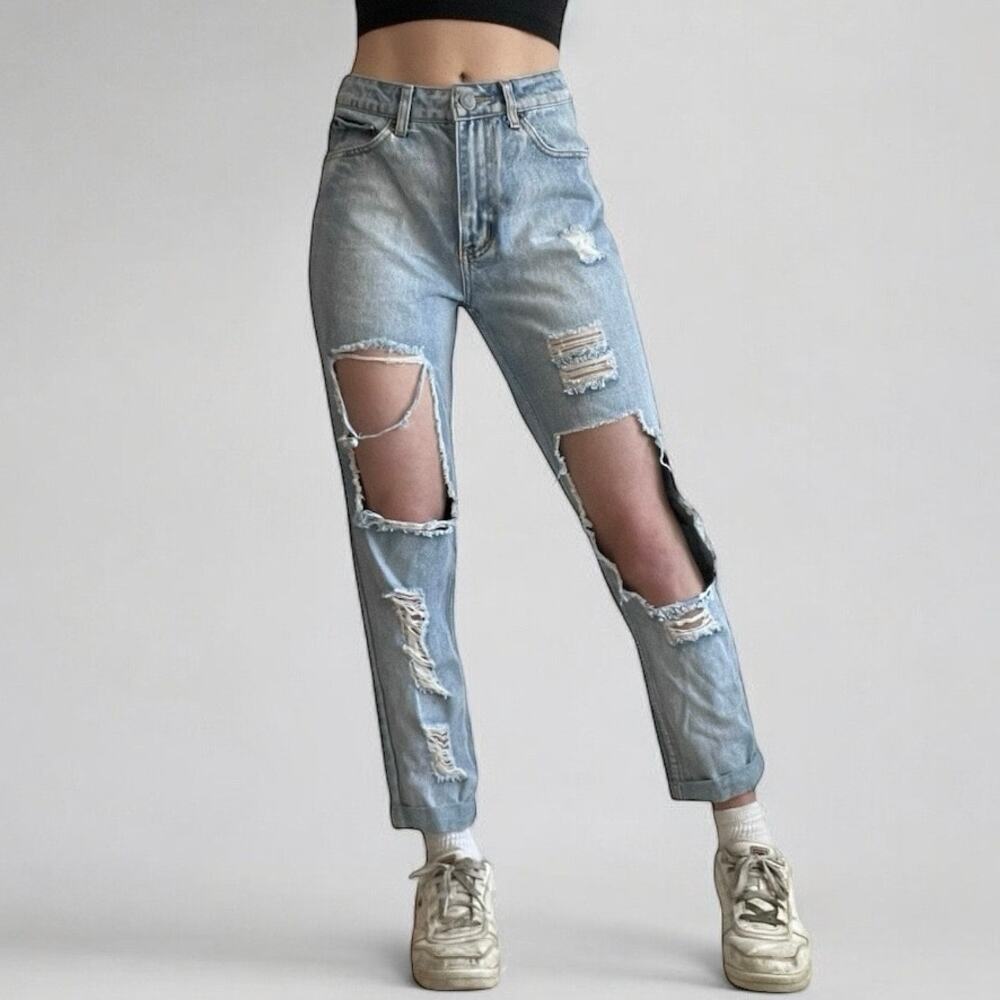 The Rockn Rev Super Distressed High Rise Light Wash Cuffed Jeans